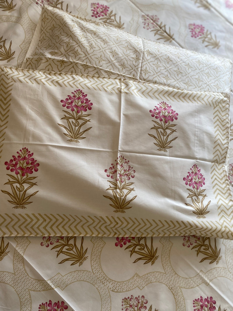 Shades of Brown and Pink Floral Handblock Printed Bedsheet (300 TC)