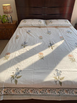 Grey and Orange Floral Handblock Printed Bedsheet (300 TC)