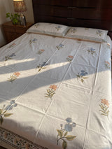 Grey and Orange Floral Handblock Printed Bedsheet (300 TC)