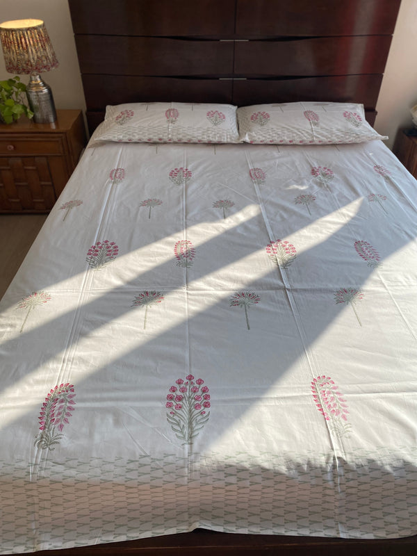 Pink and White Floral Handblock Printed Bedsheet (300 TC)