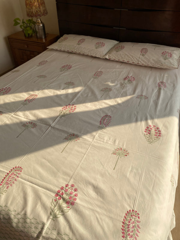 Pink and White Floral Handblock Printed Bedsheet (300 TC)