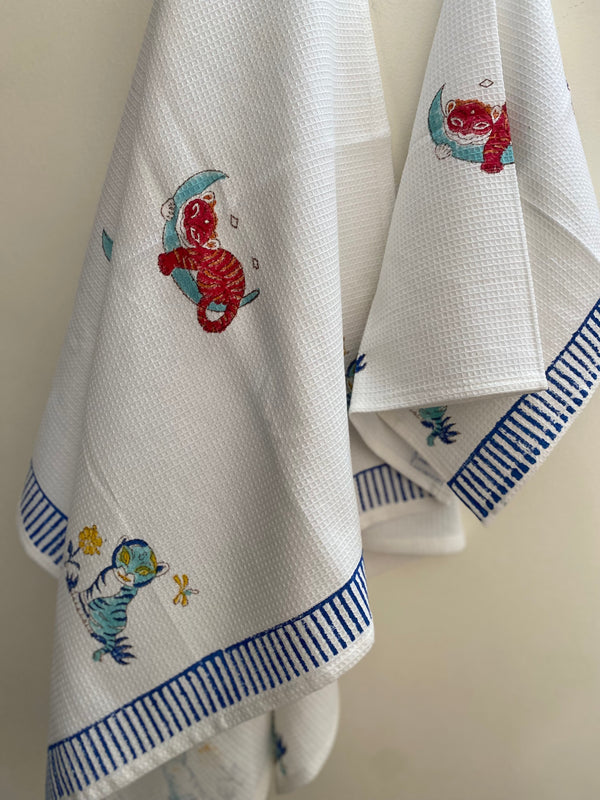 Cute Cat  Handblock Printed Bath Towel Set - (set of 3)