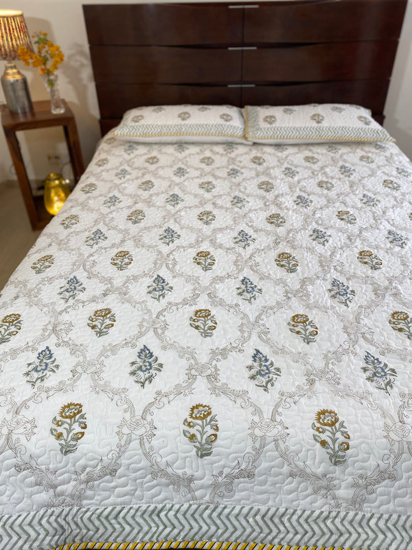 Brown and White Floral Handblock Printed Bedcover