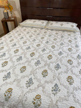 Brown and White Floral Handblock Printed Bedcover