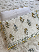 Brown and White Floral Handblock Printed Bedcover