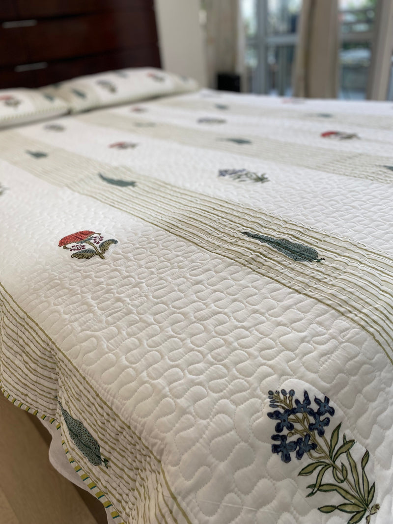 Multicolored Floral Handblock Printed Bedcover