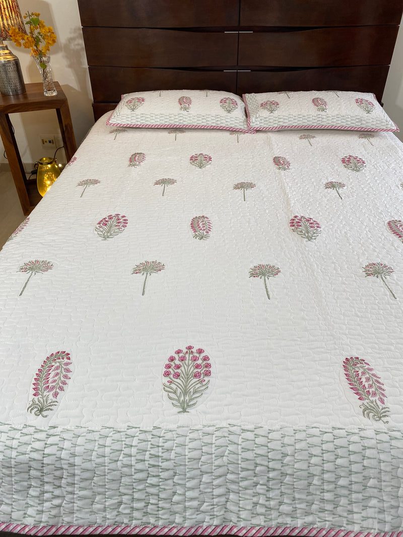 Pink and White Floral Handblock Printed Bedcover