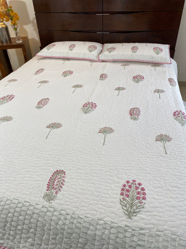 Pink and White Floral Handblock Printed Bedcover