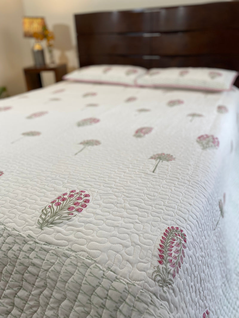 Pink and White Floral Handblock Printed Bedcover