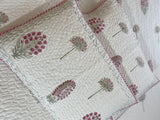 Pink and White Floral Handblock Printed Bedcover