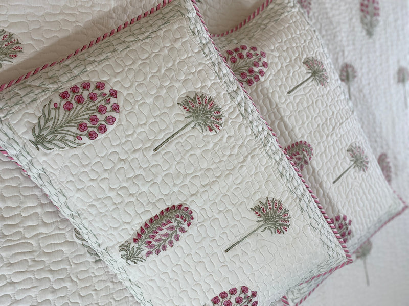 Pink and White Floral Handblock Printed Bedcover