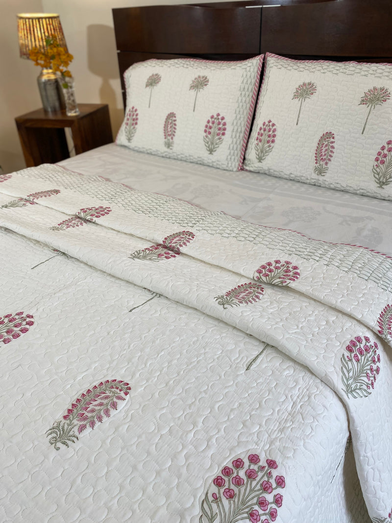 Pink and White Floral Handblock Printed Bedcover