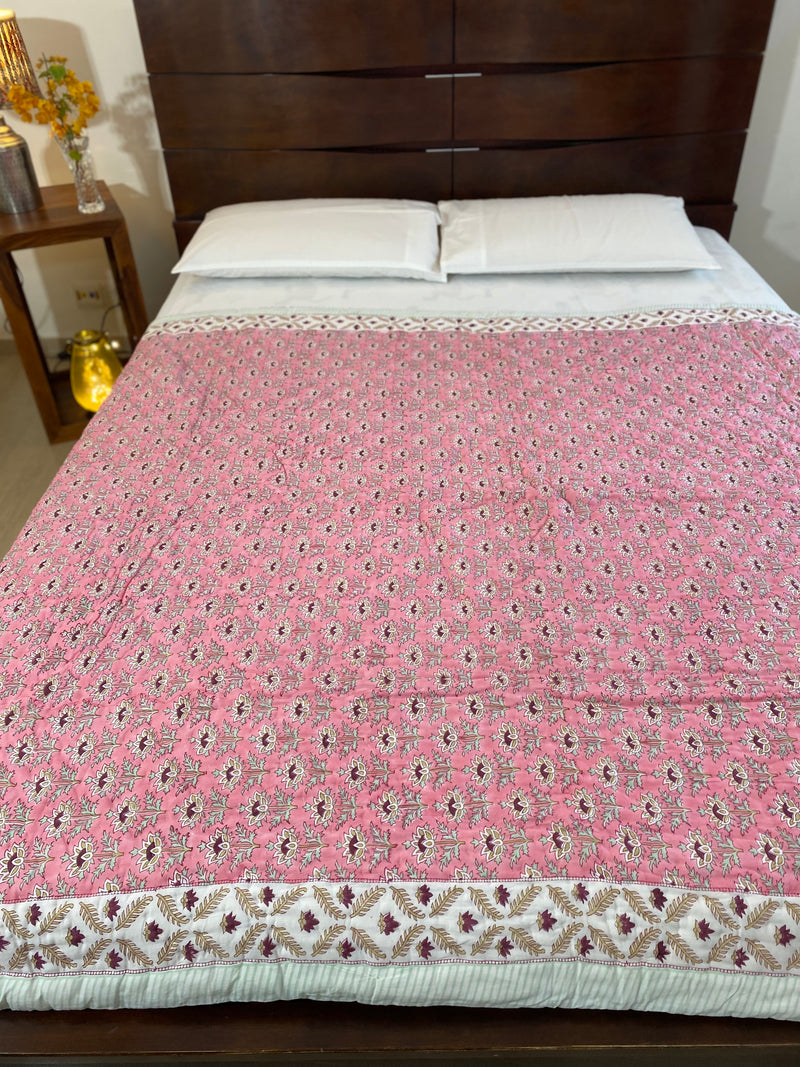 Pink Floral Handblock Print Reversible Quilt