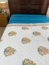 Yellow Floral Handblock Print Reversible Quilt