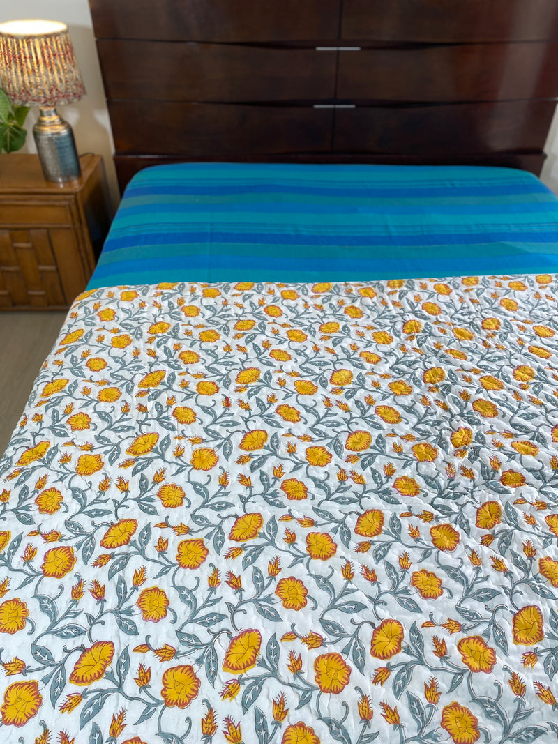 Yellow Floral Handblock Print Reversible Quilt