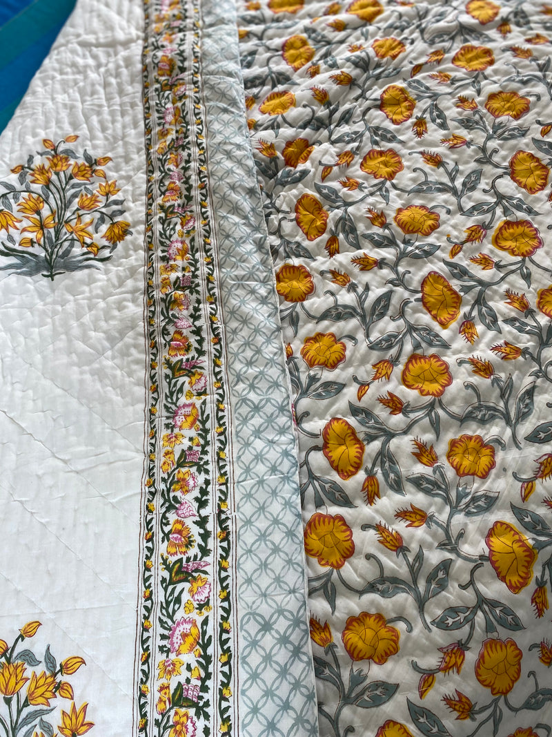 Yellow Floral Handblock Print Reversible Quilt