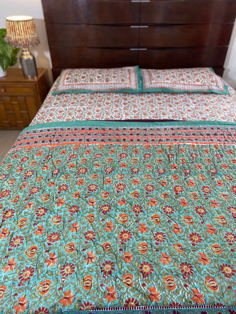 Green and White Floral Reversible Quilt