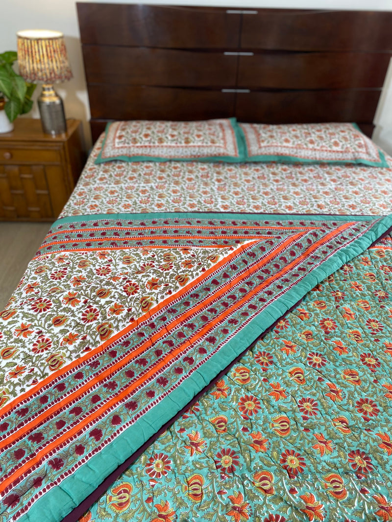 Green and White Floral Reversible Quilt