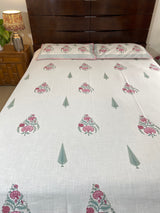 Pink and Green Floral HandBlock Print Cotton Slub Bedcover