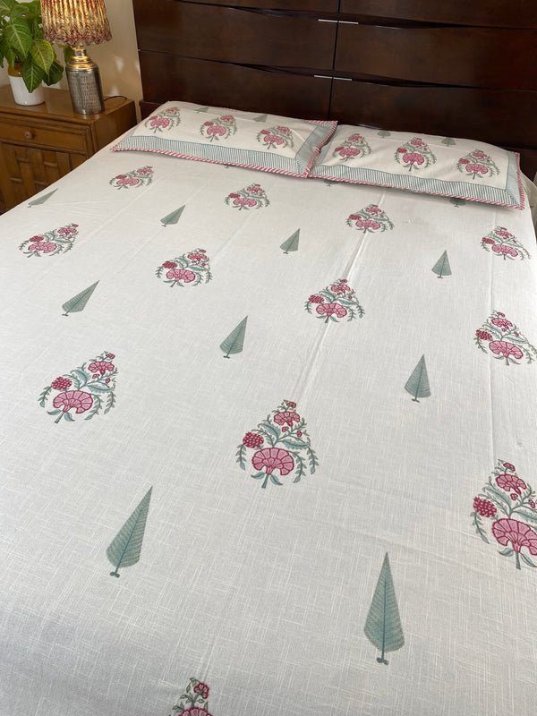 Pink and Green Floral HandBlock Print Cotton Slub Bedcover