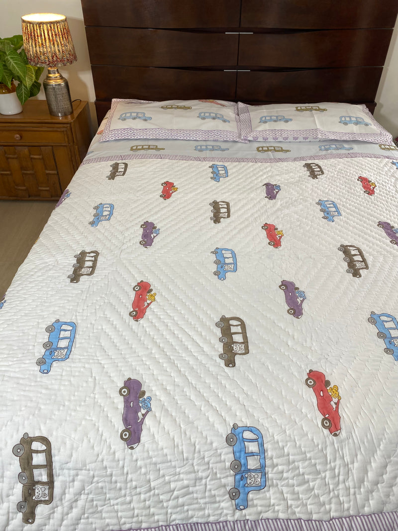 Car Handblock Print Reversible Quilt