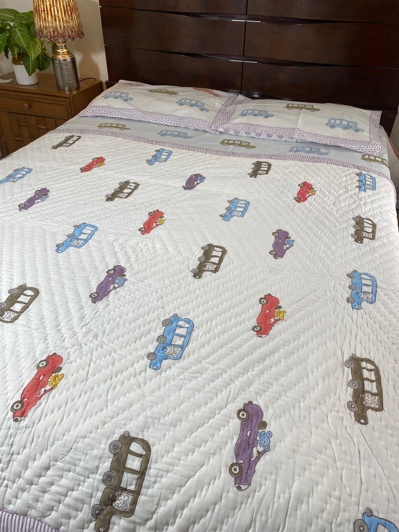 Car Handblock Print Reversible Quilt