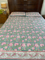 Sea Green and Pink Handblock Printed Bedsheet