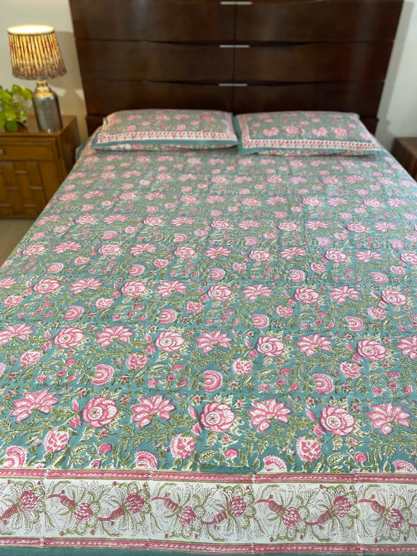 Sea Green and Pink Handblock Printed Bedsheet