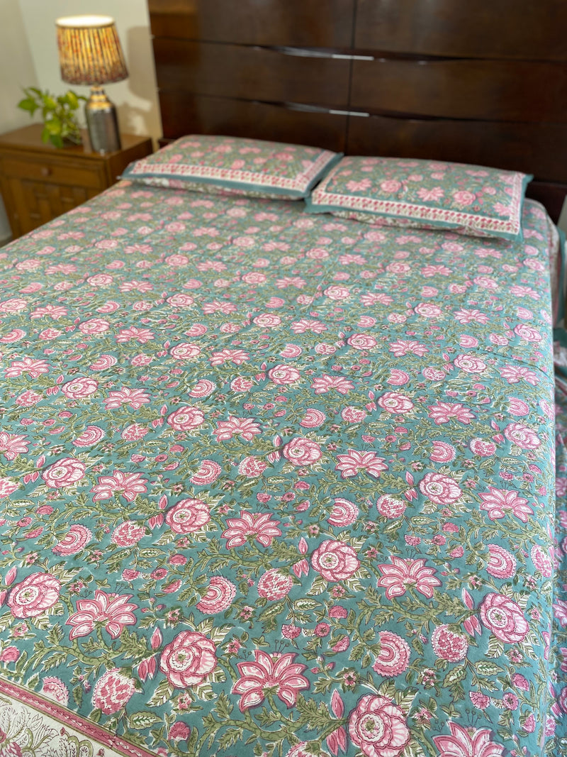 Sea Green and Pink Handblock Printed Bedsheet