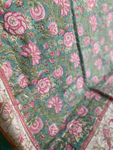 Sea Green and Pink Handblock Printed Bedsheet