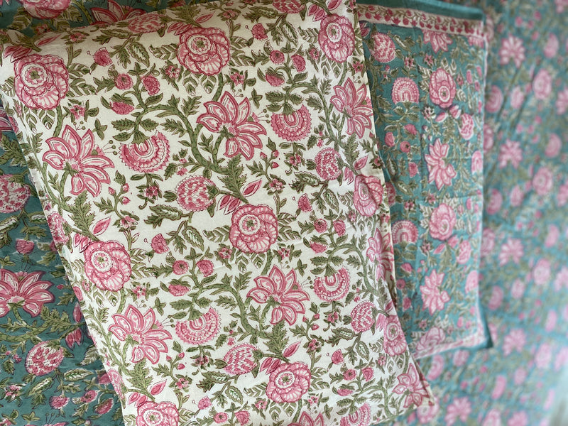 Sea Green and Pink Handblock Printed Bedsheet