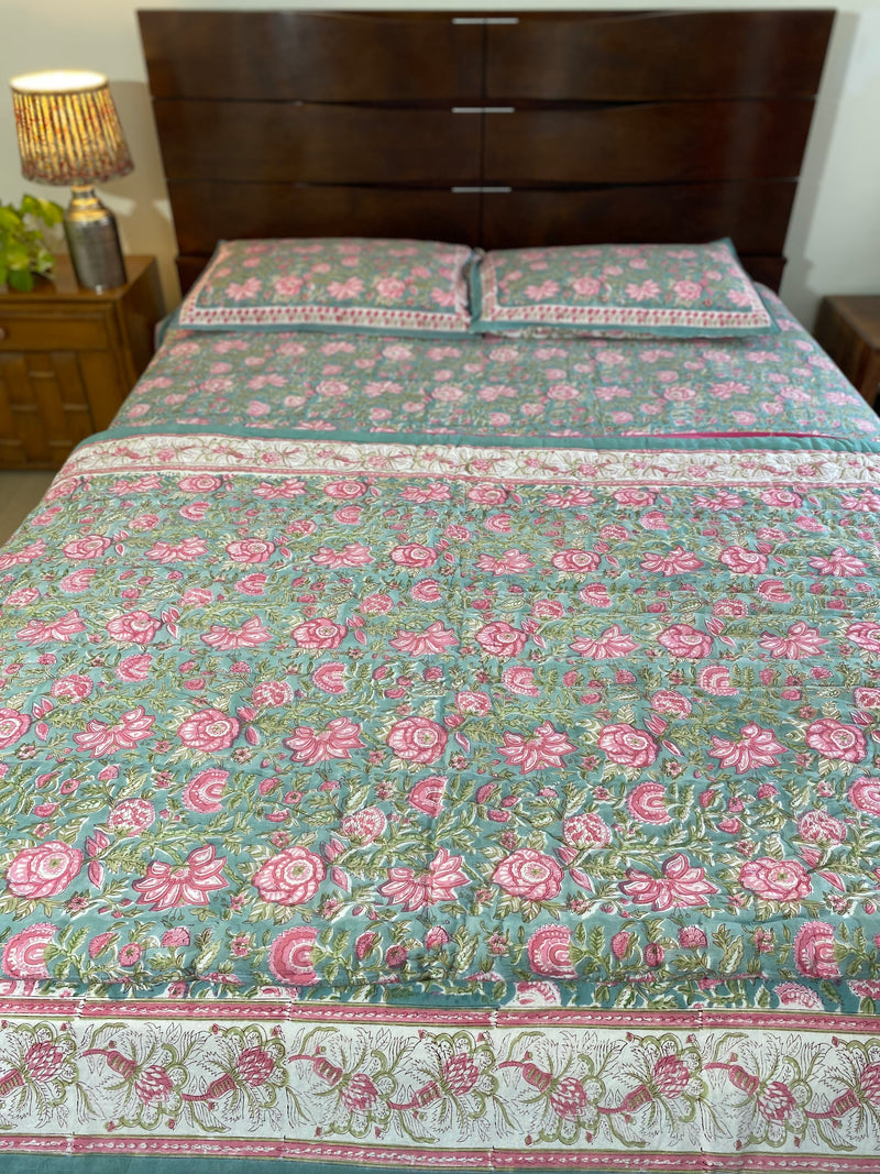 Sea Green and Pink Floral Reversible Quilt