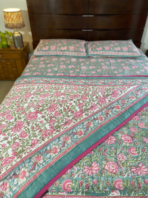 Sea Green and Pink Floral Reversible Quilt