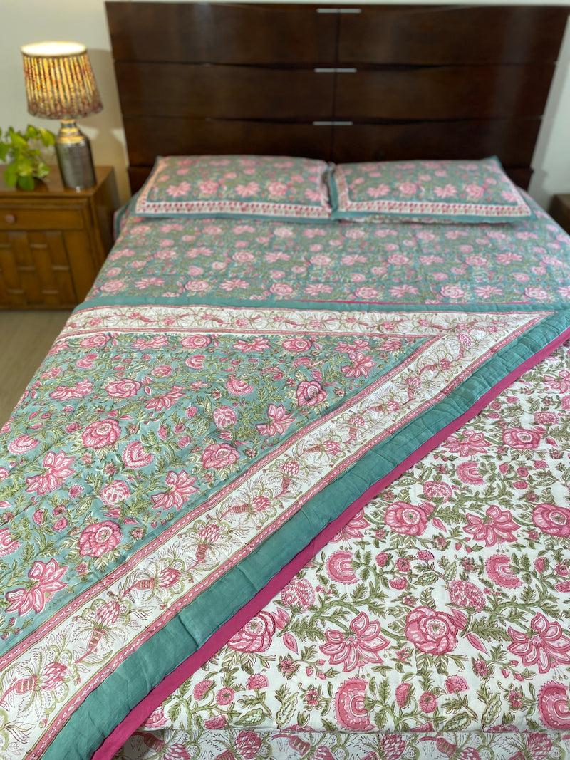 Sea Green and Pink Floral Reversible Quilt