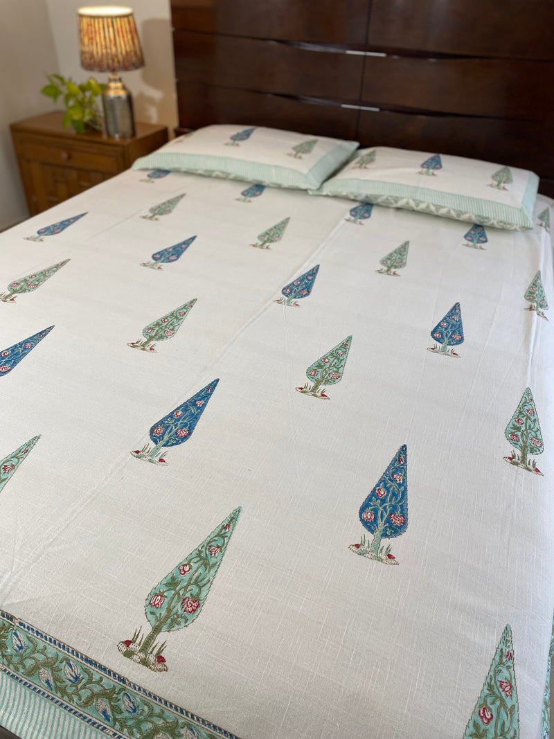 Cypress Leaf Handblock Printed Cotton Slub Bedcover