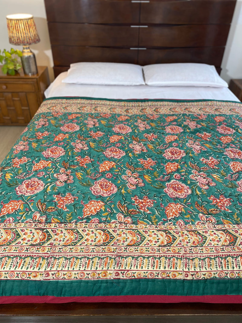 Green Floral Handblock Print Reversible Quilt