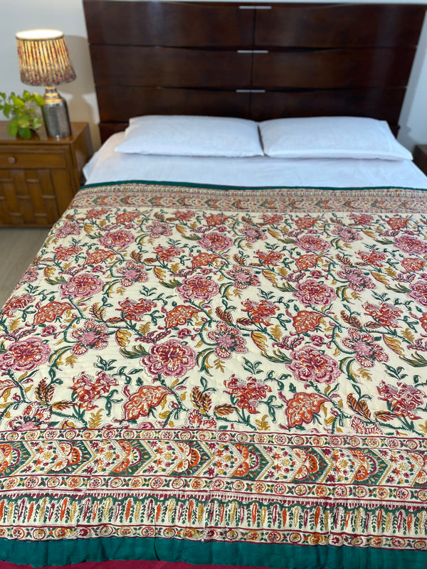 Green Floral Handblock Print Reversible Quilt