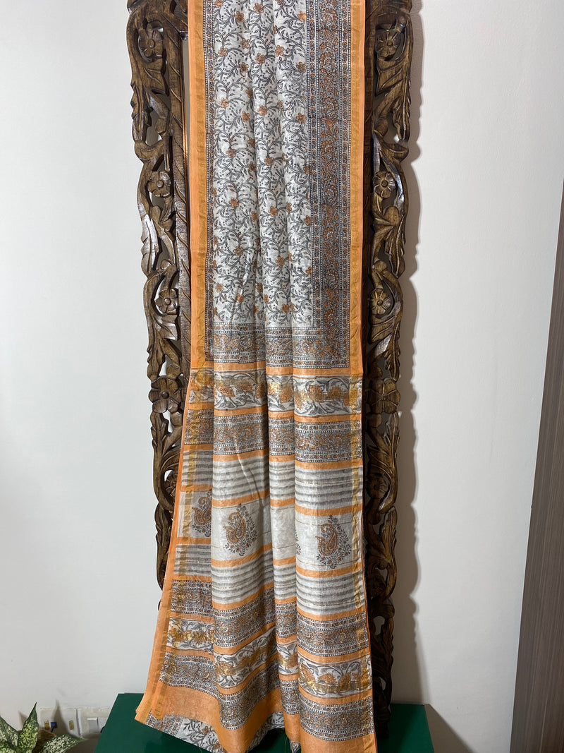 Gul-mohar collection- Peach and Grey Floral Chanderi Saree