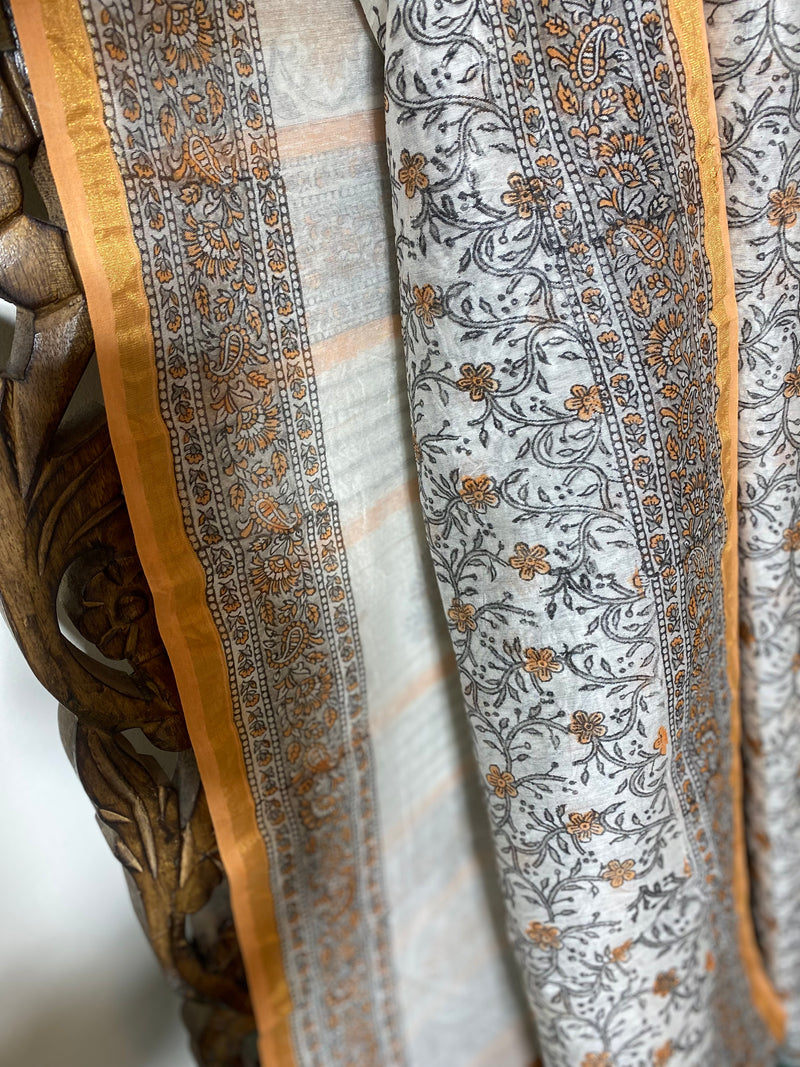 Gul-mohar collection- Peach and Grey Floral Chanderi Saree