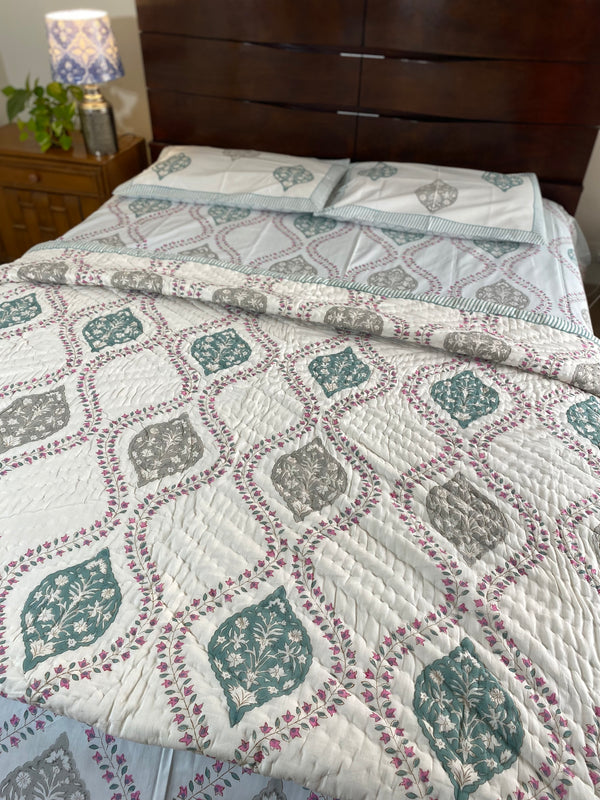 Grey and Pink Floral Bedsheet and Reversible Quilt