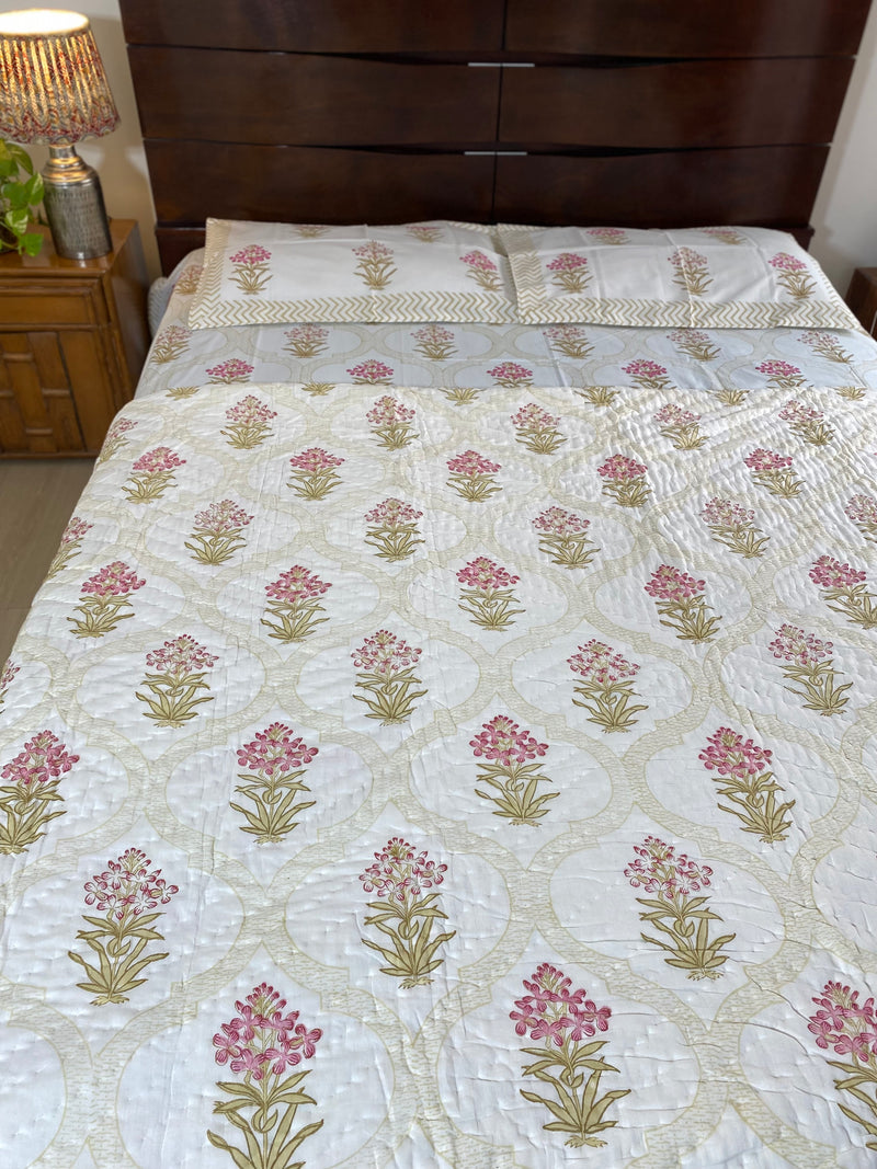 Shades of Brown and Pink Floral Bedsheet and Reversible Quilt