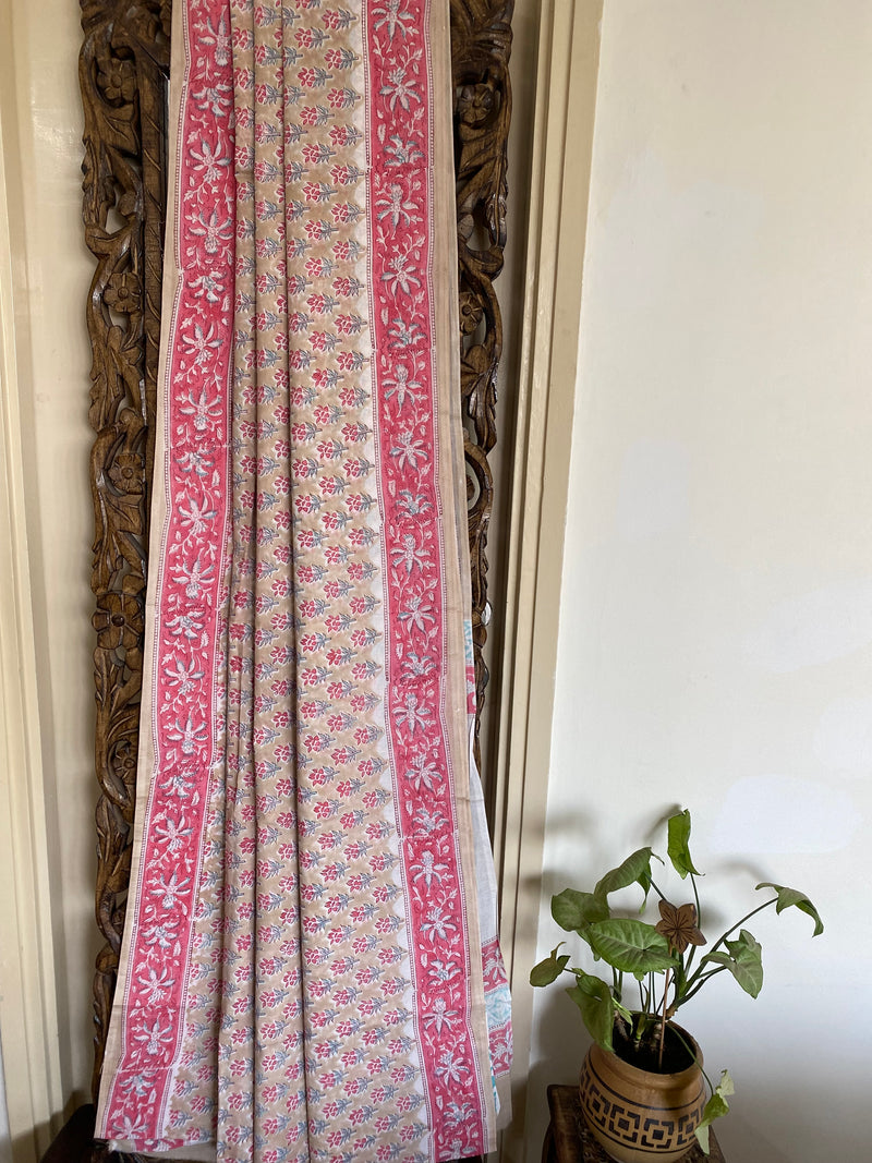 Sada bahar collection-  Light Brown and Pink Hand Block Print Saree