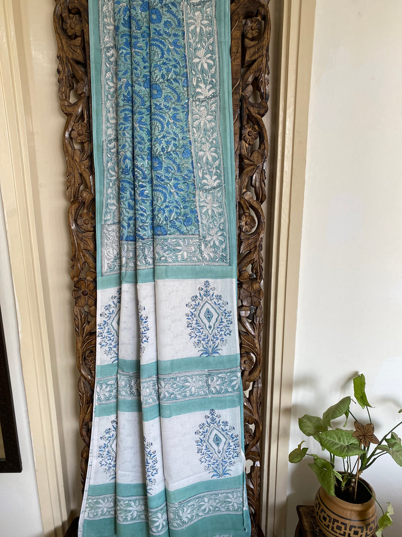 Sada bahar collection- Shades of Blue Hand Block Print Saree