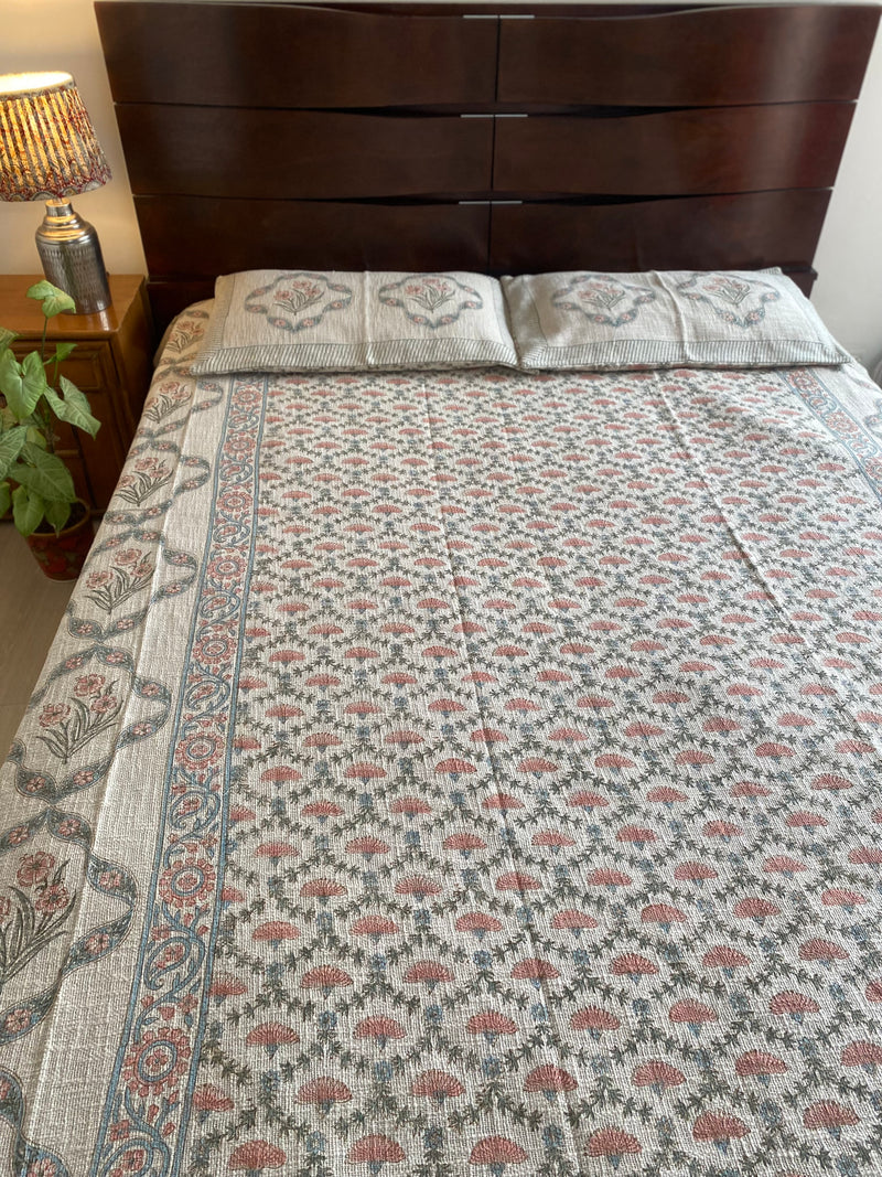 Brown and Peach Floral Handblock Printed Bedcover