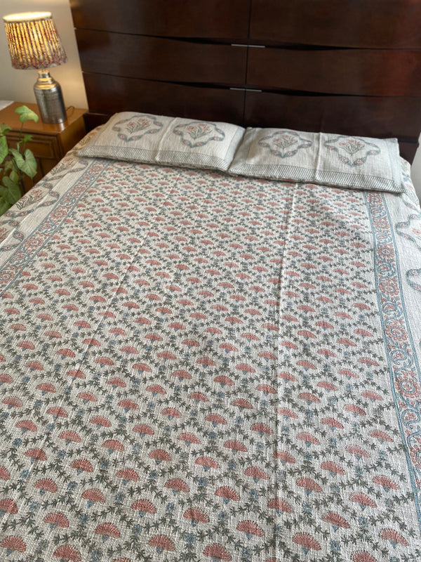 Brown and Peach Floral Handblock Printed Bedcover