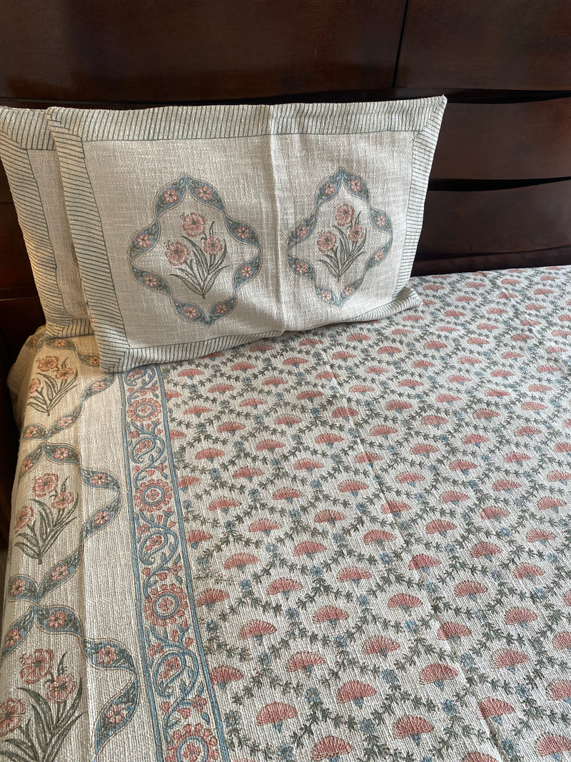 Brown and Peach Floral Handblock Printed Bedcover