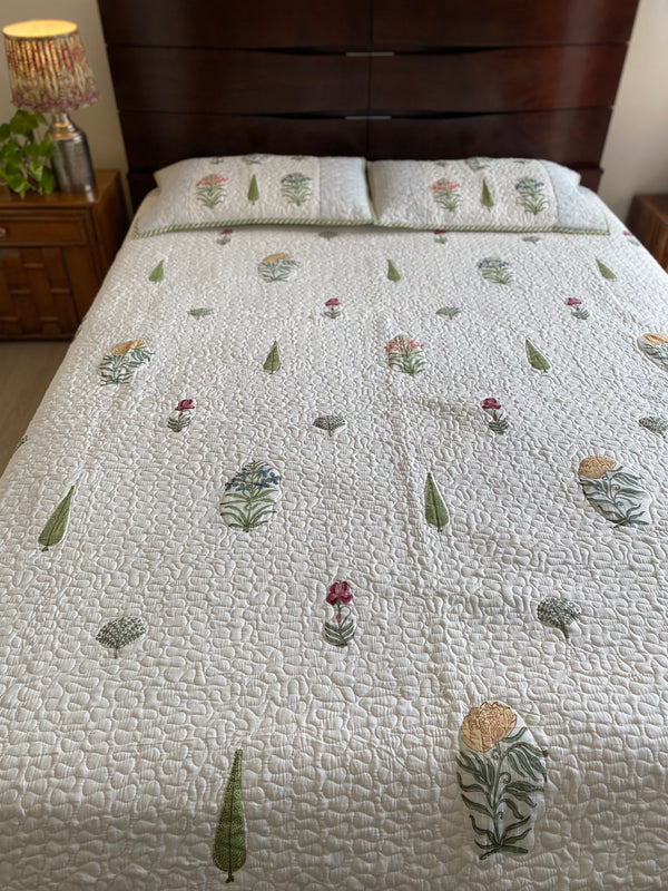Leaf and Floral Handblock Print Quilted Bed Cover