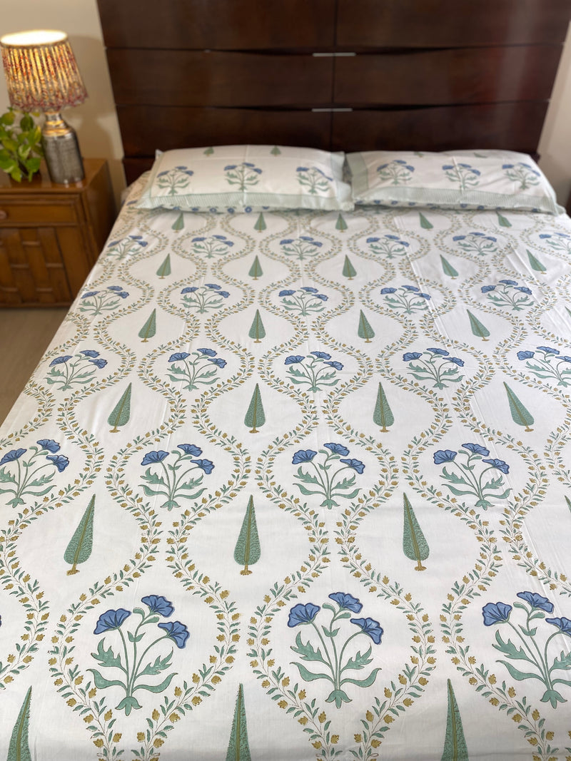 Blue and Green Floral Handblock Printed Bedsheet (300 TC)