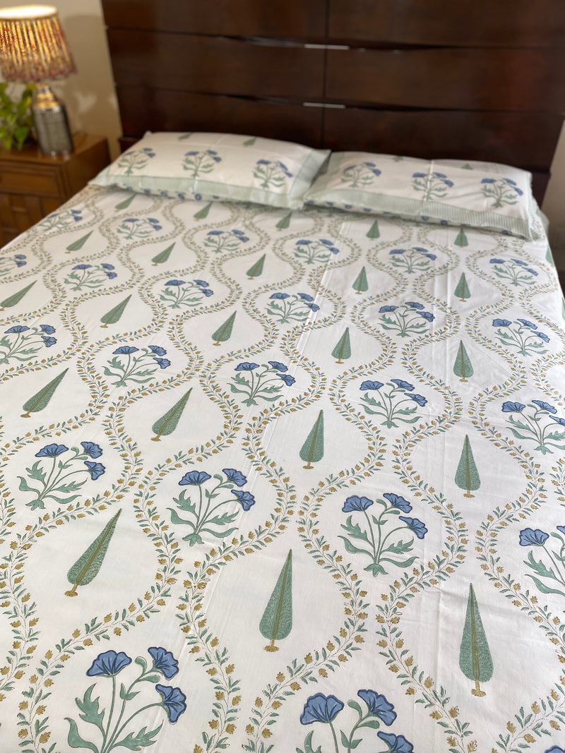Blue and Green Floral Handblock Printed Bedsheet (300 TC)