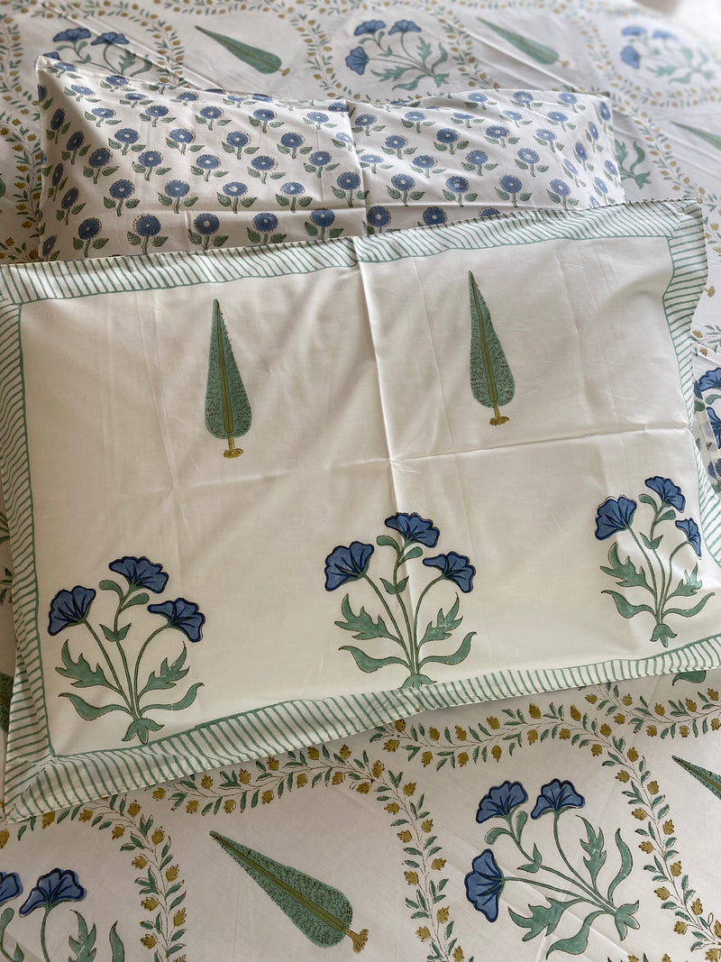 Blue and Green Floral Handblock Print Bedsheet (300 TC)